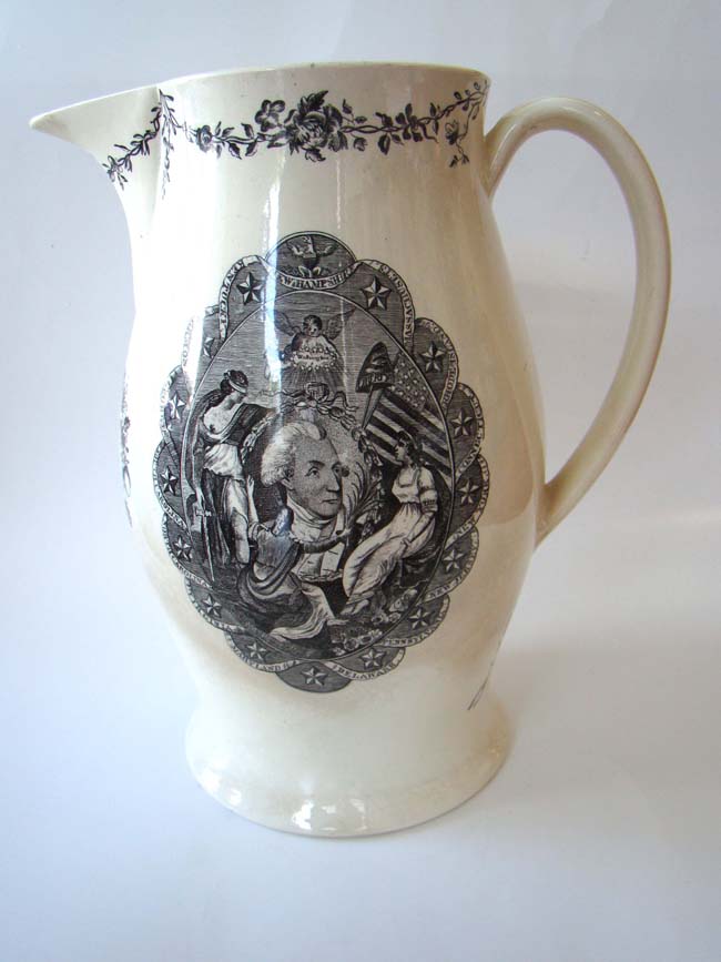A 'George Washington' and 'American Eagle' English Creamware Black-Transfer Printed Presentation Liverpool Pitcher circa 1797-1805